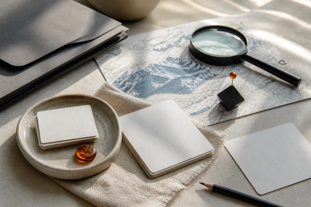 Editorial still life showing a Swiss privacy risk assessment with a mountain contour, geometric risk cards, and magnifying glass; review view for this page