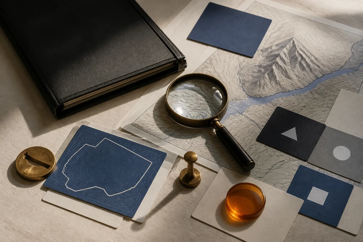 Editorial still life showing a Swiss privacy risk assessment with a mountain contour, geometric risk cards, and magnifying glass; safeguard view for this page