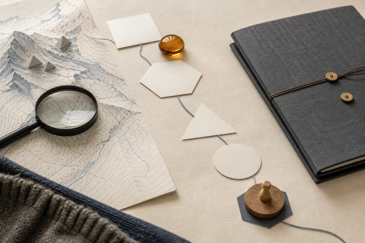 Editorial still life showing a Swiss privacy risk assessment with a mountain contour, geometric risk cards, and magnifying glass; workflow view for this page