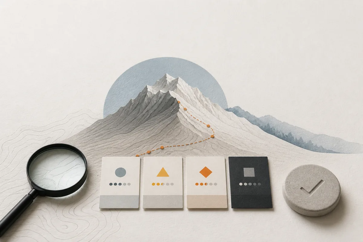 Editorial still life showing a Swiss privacy risk assessment with a mountain contour, geometric risk cards, and magnifying glass
