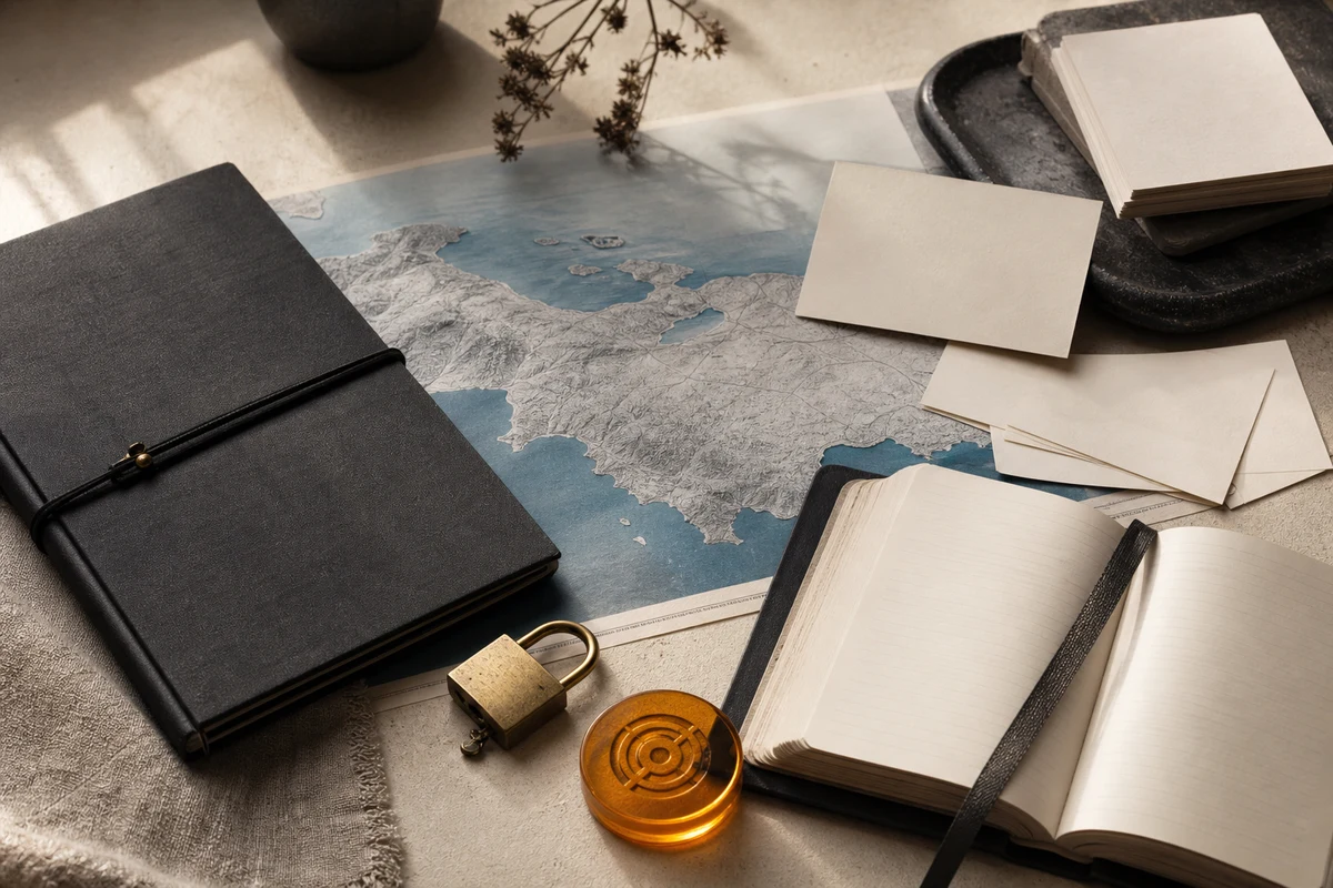 Editorial still life showing Turkish privacy incident response with a shoreline map, incident notebook, lock, and controlled signal; evidence view for this page