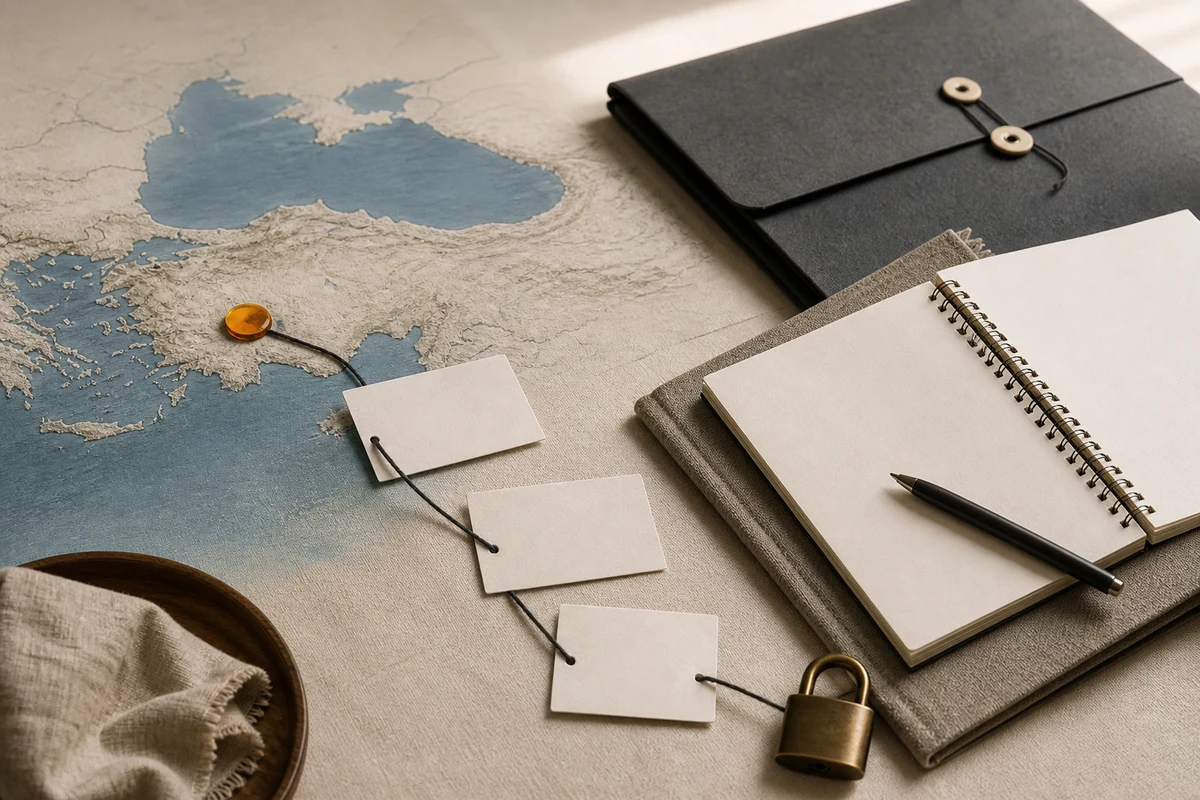 Editorial still life showing Turkish privacy incident response with a shoreline map, incident notebook, lock, and controlled signal; workflow view for this page