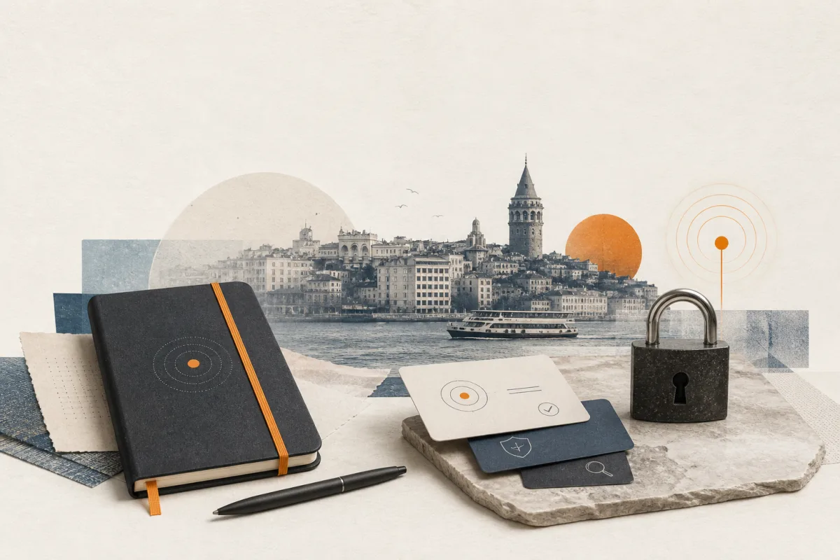 Editorial still life showing Turkish privacy incident response with a shoreline map, incident notebook, lock, and controlled signal