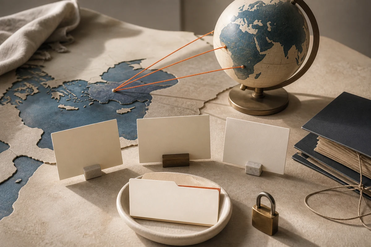 Editorial still life showing Turkish cross-border transfer routes with shoreline contours, a globe, contract folder, and lock; decision view for this page