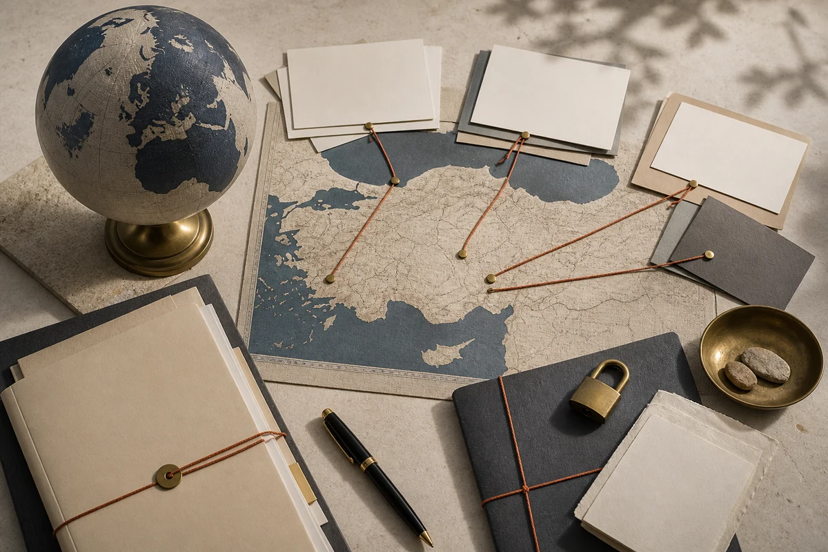 Editorial still life showing Turkish cross-border transfer routes with shoreline contours, a globe, contract folder, and lock; evidence view for this page