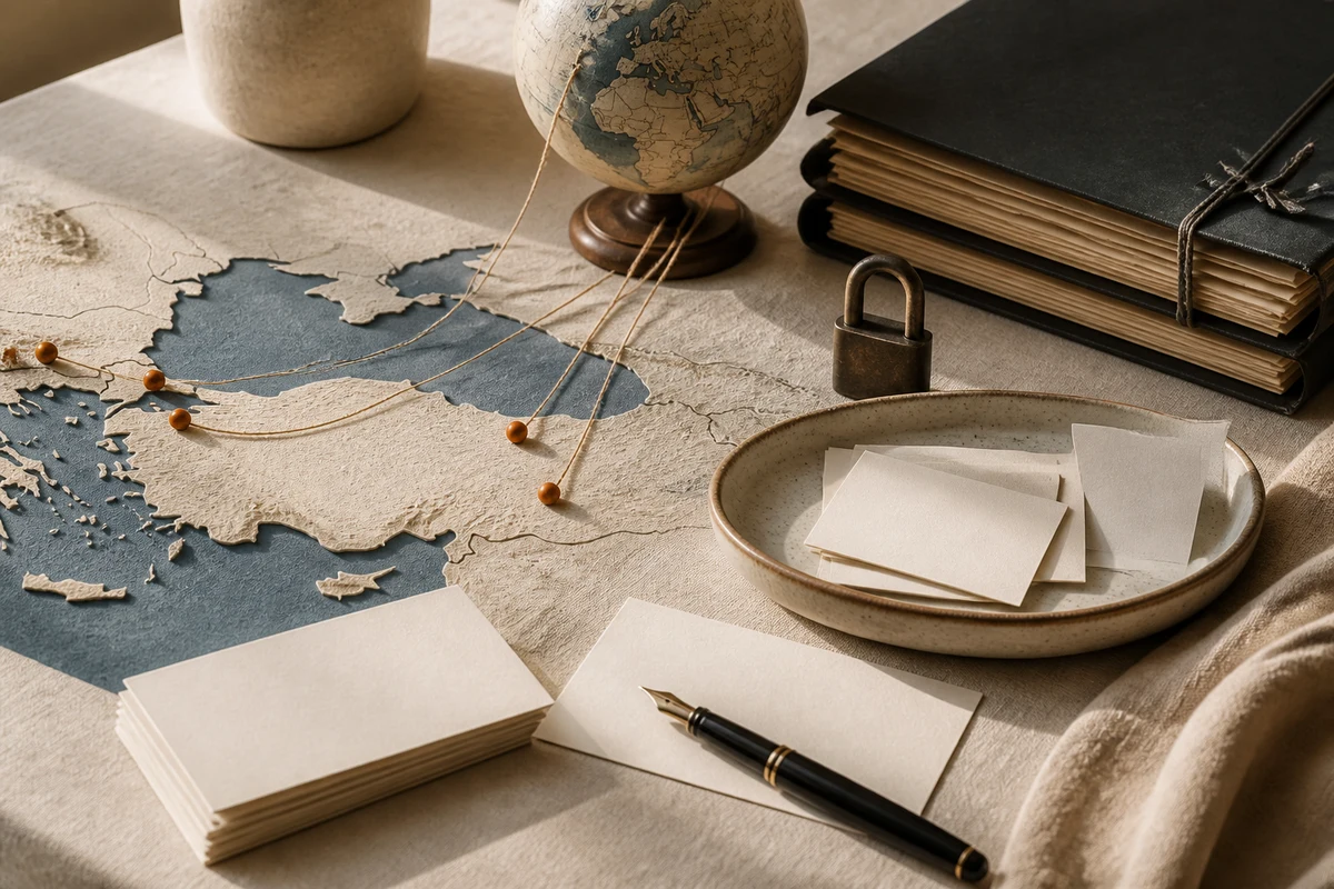 Editorial still life showing Turkish cross-border transfer routes with shoreline contours, a globe, contract folder, and lock; review view for this page