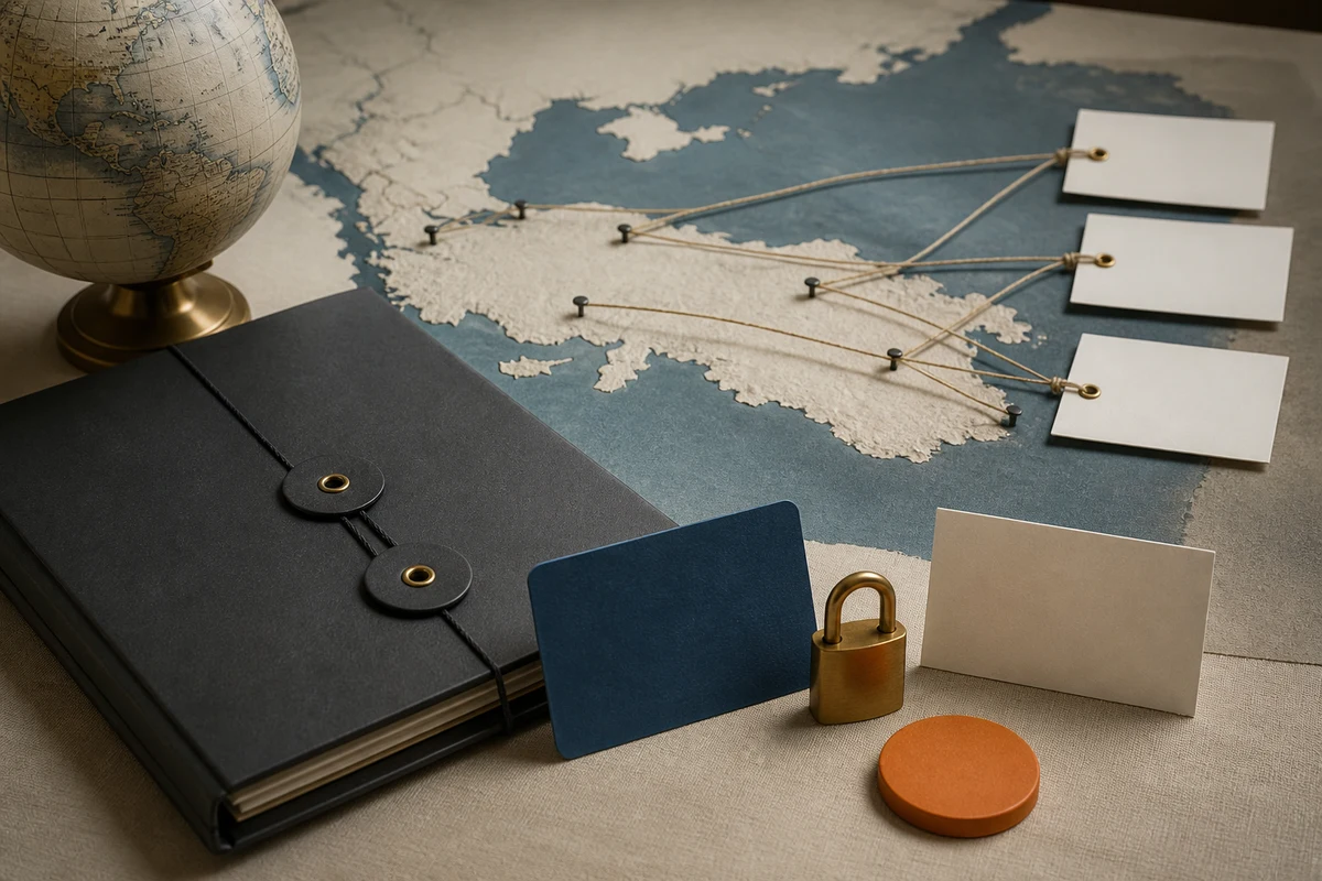 Editorial still life showing Turkish cross-border transfer routes with shoreline contours, a globe, contract folder, and lock; safeguard view for this page