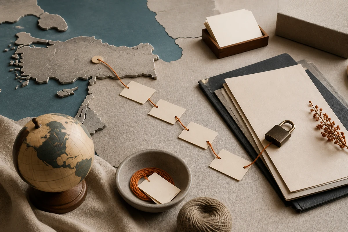 Editorial still life showing Turkish cross-border transfer routes with shoreline contours, a globe, contract folder, and lock; workflow view for this page