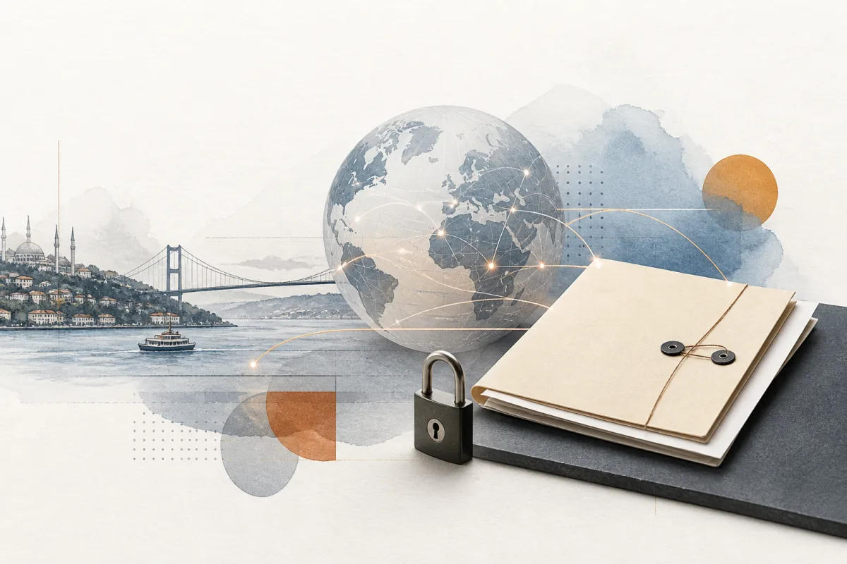 Editorial still life showing Turkish cross-border transfer routes with shoreline contours, a globe, contract folder, and lock