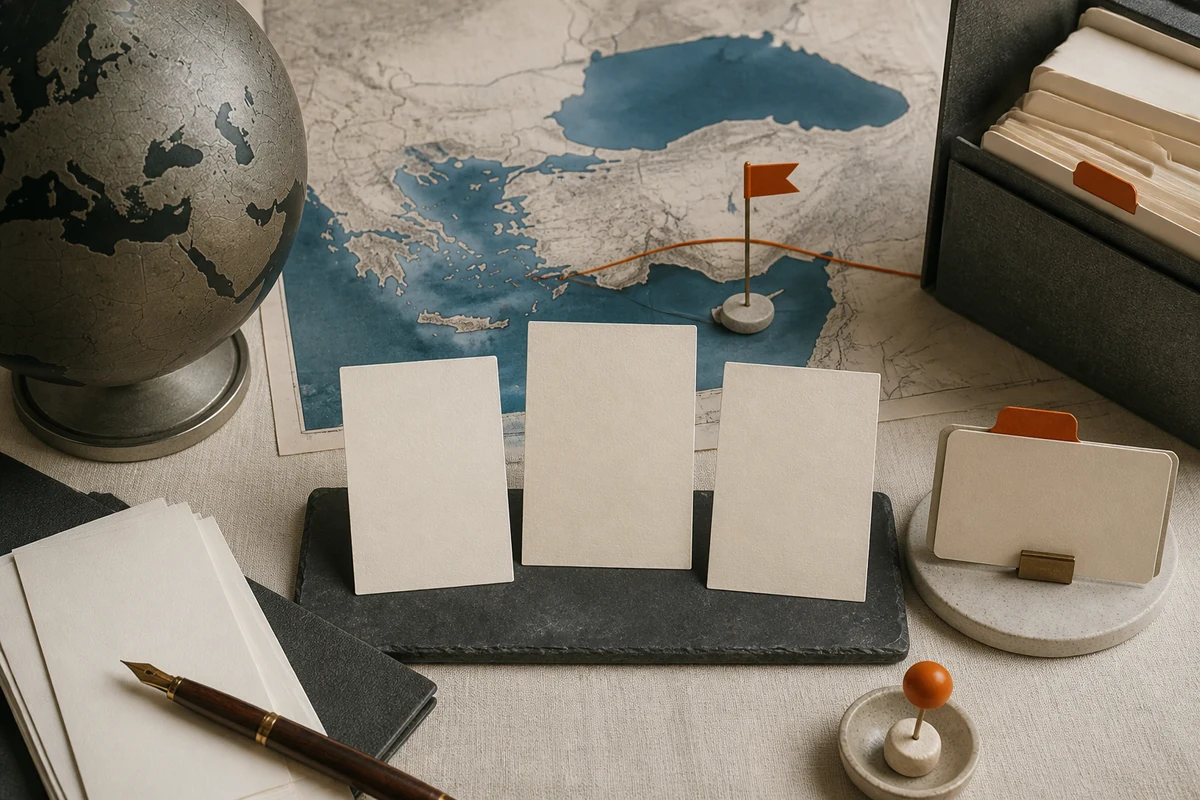 Editorial still life showing Turkish privacy notices and consent with blank notice sheets, shoreline contours, and an orange consent tab; decision view for this page