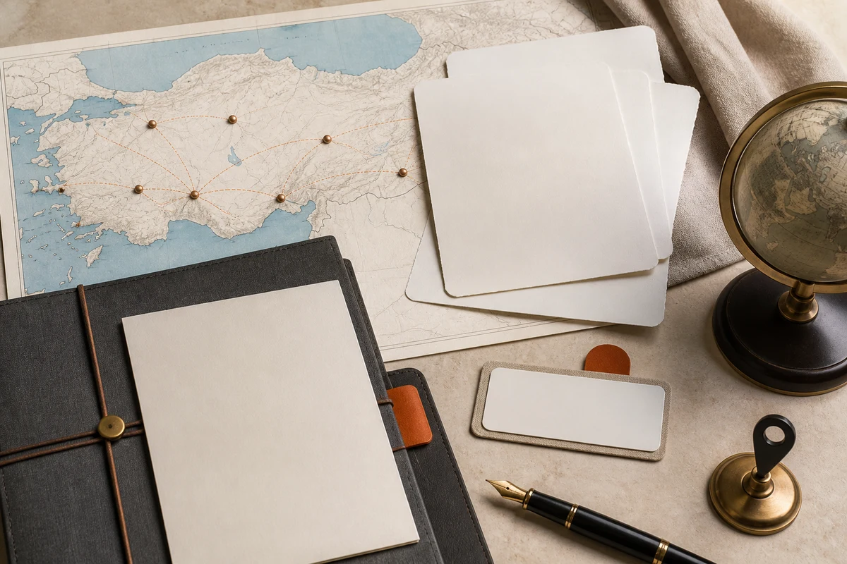 Editorial still life showing Turkish privacy notices and consent with blank notice sheets, shoreline contours, and an orange consent tab; evidence view for this page