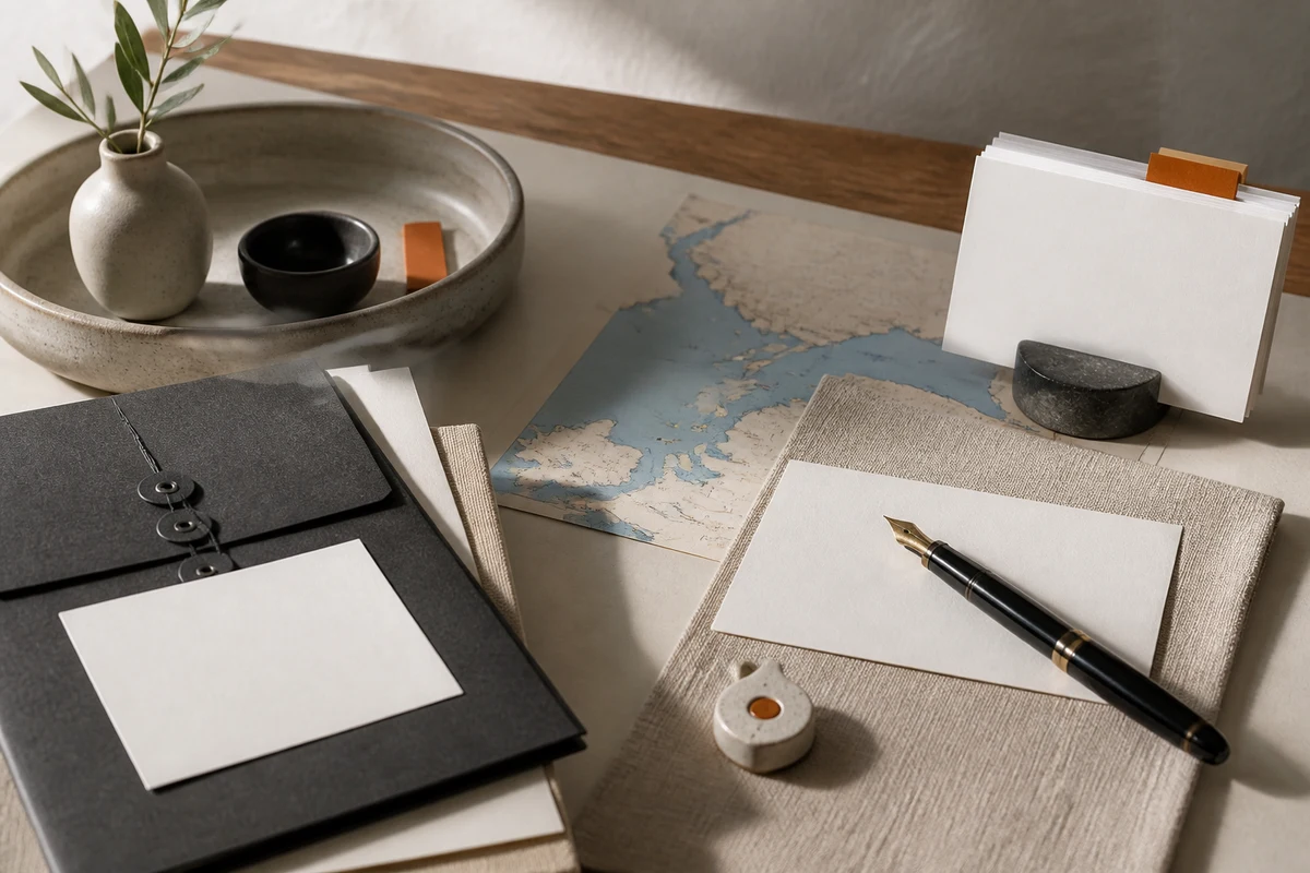 Editorial still life showing Turkish privacy notices and consent with blank notice sheets, shoreline contours, and an orange consent tab; review view for this page