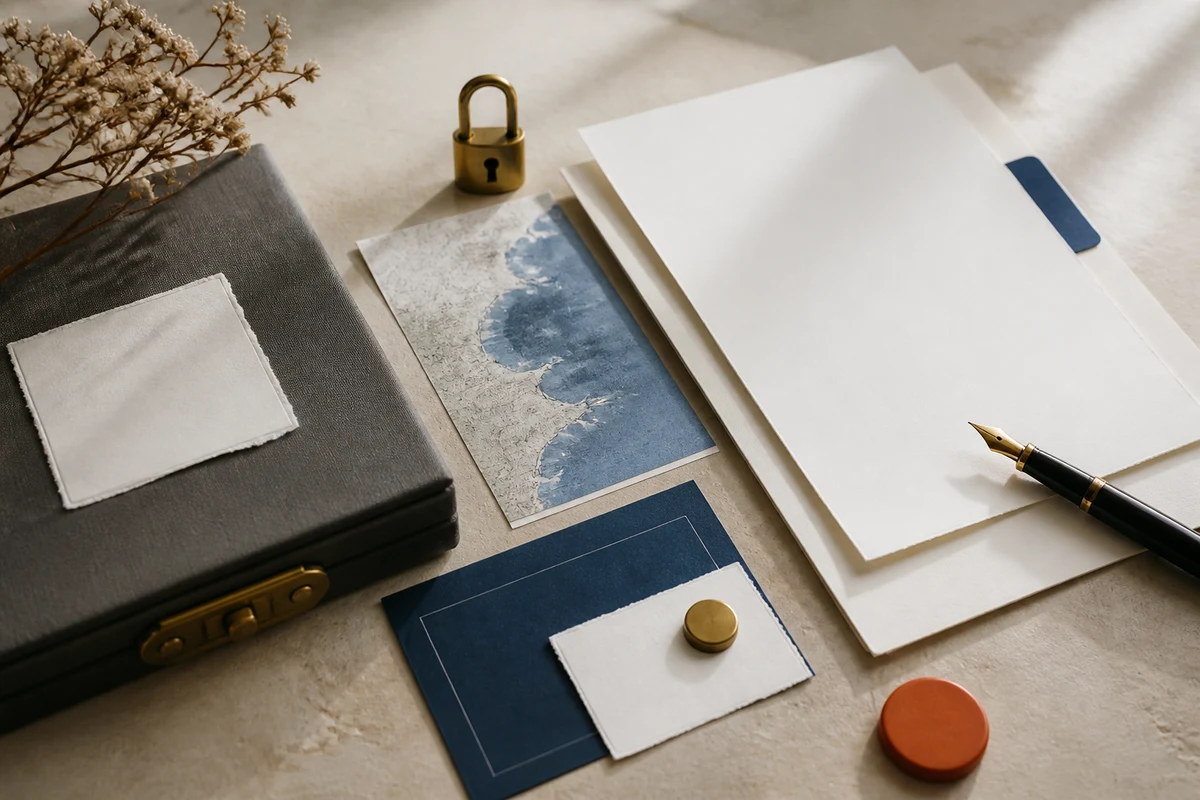 Editorial still life showing Turkish privacy notices and consent with blank notice sheets, shoreline contours, and an orange consent tab; safeguard view for this page