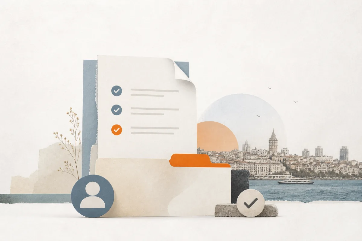 Editorial still life showing Turkish privacy notices and consent with blank notice sheets, shoreline contours, and an orange consent tab