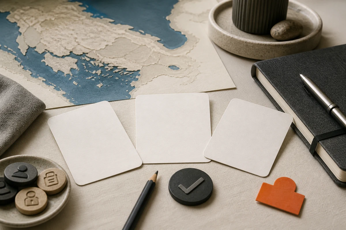Editorial still life showing Turkish privacy training with learning cards, shoreline contours, and knowledge markers; decision view for this page