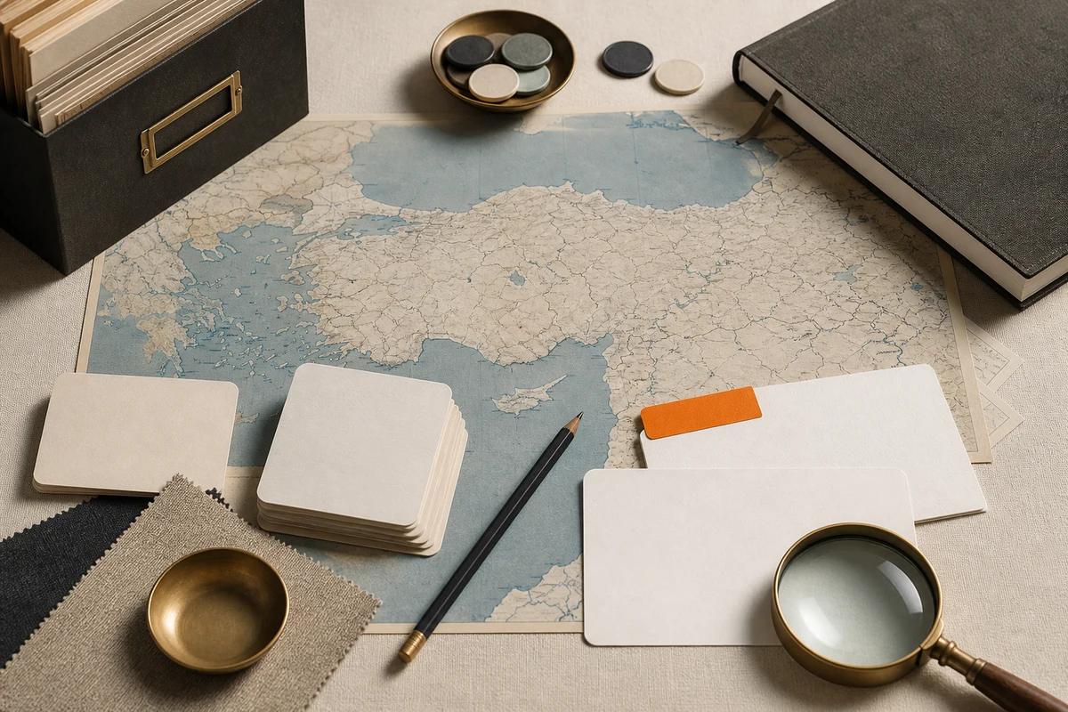 Editorial still life showing Turkish privacy training with learning cards, shoreline contours, and knowledge markers; evidence view for this page