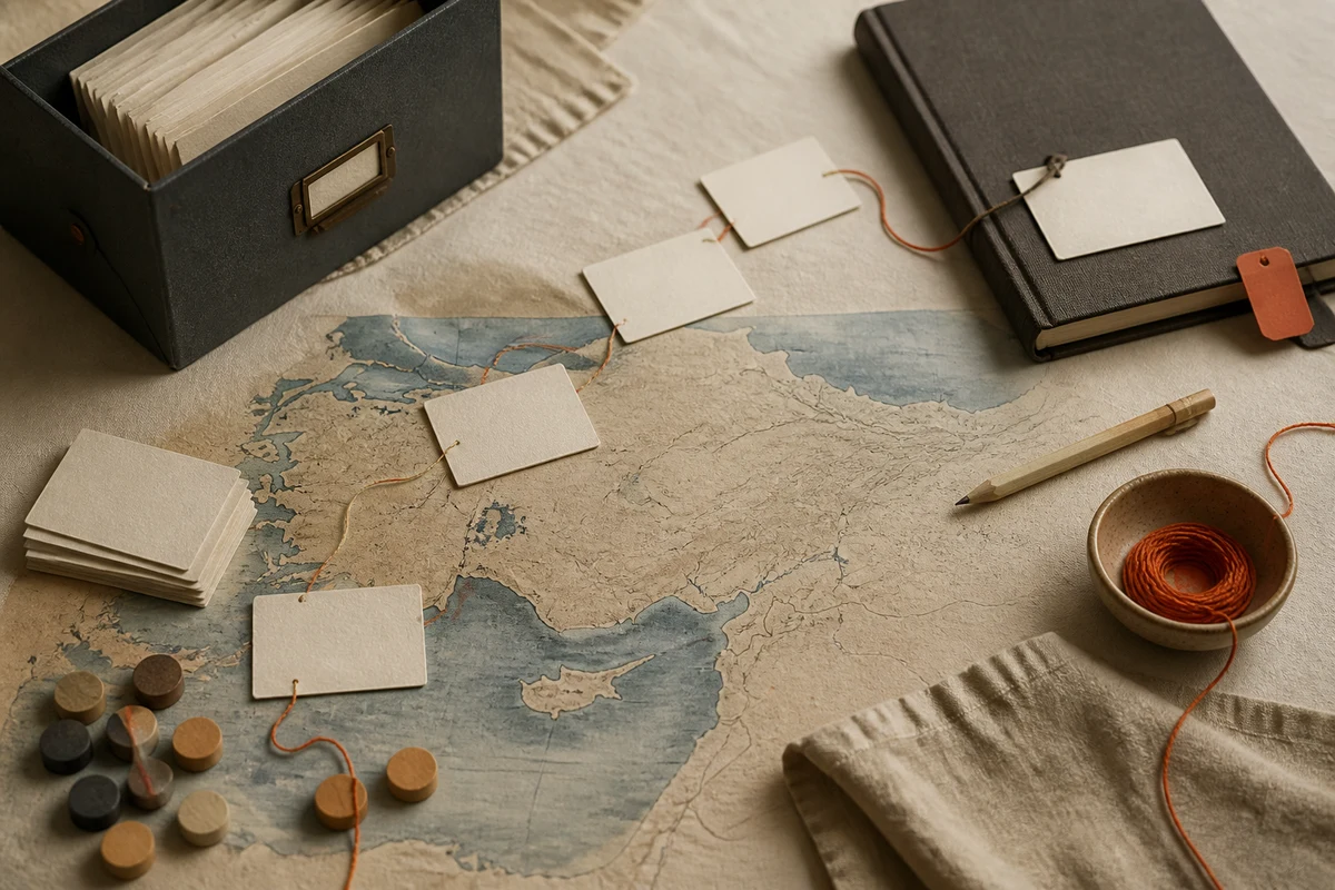 Editorial still life showing Turkish privacy training with learning cards, shoreline contours, and knowledge markers; workflow view for this page