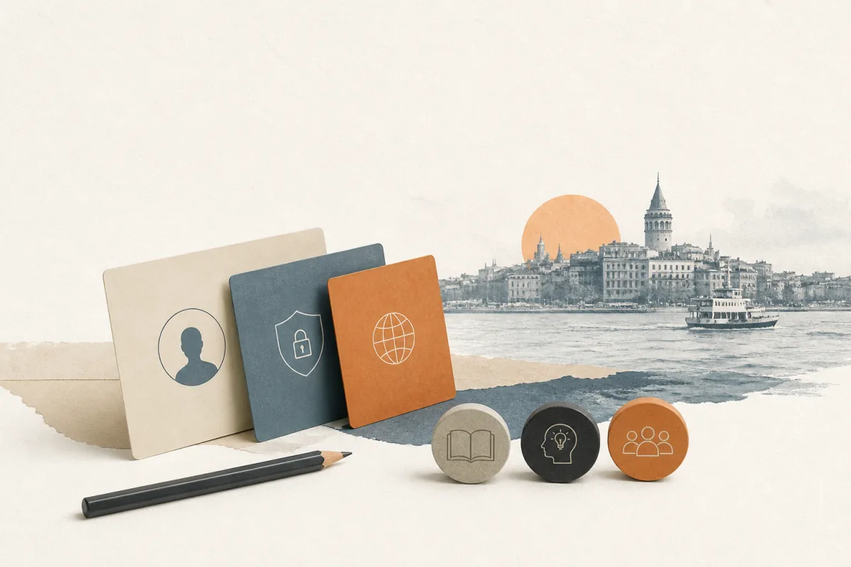 Editorial still life showing Turkish privacy training with learning cards, shoreline contours, and knowledge markers