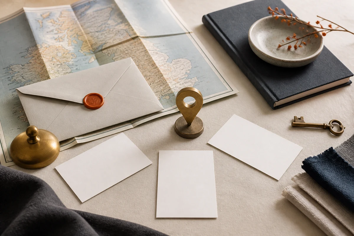 Editorial still life showing a UK Article 27 representative contact point with correspondence, an address marker, and key; decision view for this page