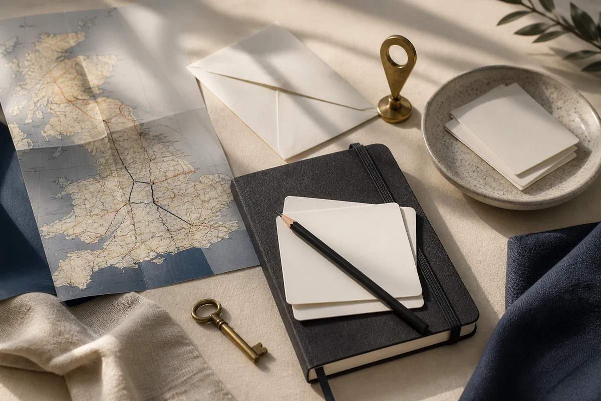 Editorial still life showing a UK Article 27 representative contact point with correspondence, an address marker, and key; review view for this page