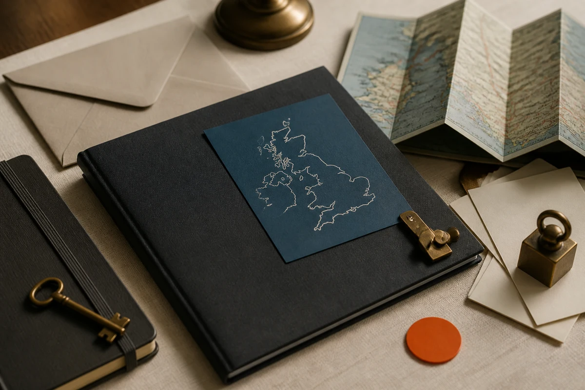 Editorial still life showing a UK Article 27 representative contact point with correspondence, an address marker, and key; safeguard view for this page