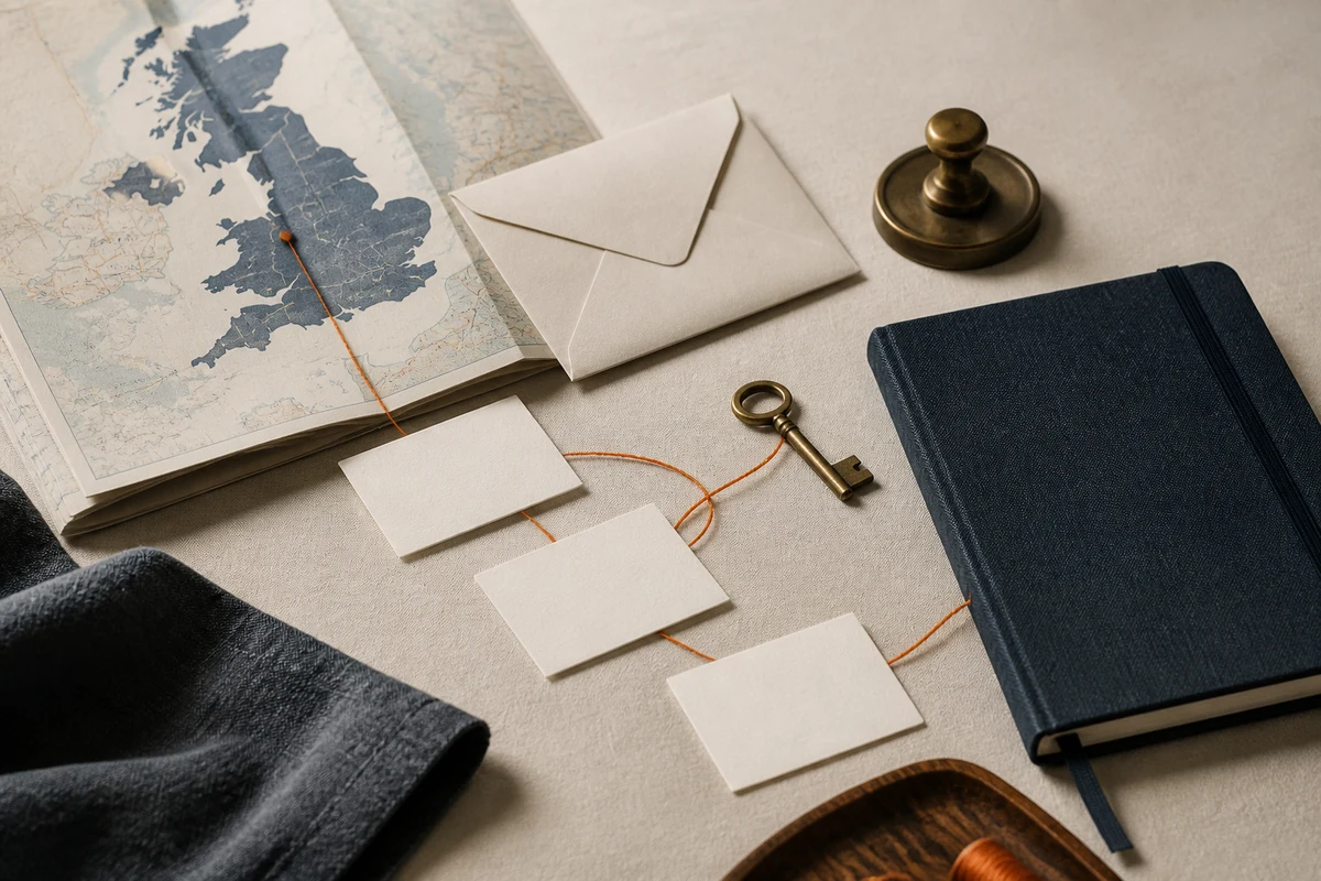 Editorial still life showing a UK Article 27 representative contact point with correspondence, an address marker, and key; workflow view for this page