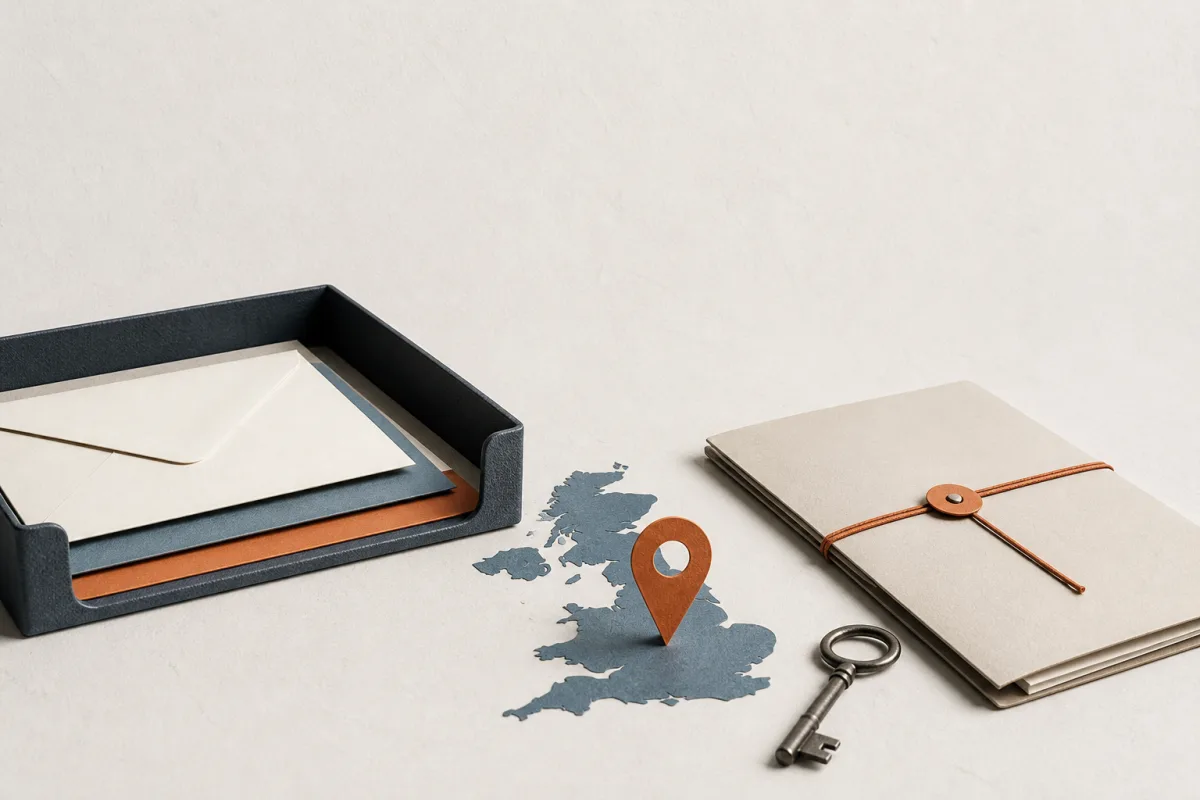 Editorial still life showing a UK Article 27 representative contact point with correspondence, an address marker, and key