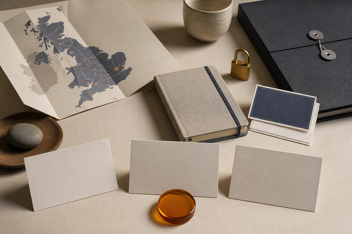 Editorial still life showing a UK privacy incident response with a UK map, incident notebook, lock, and priority marker; decision view for this page