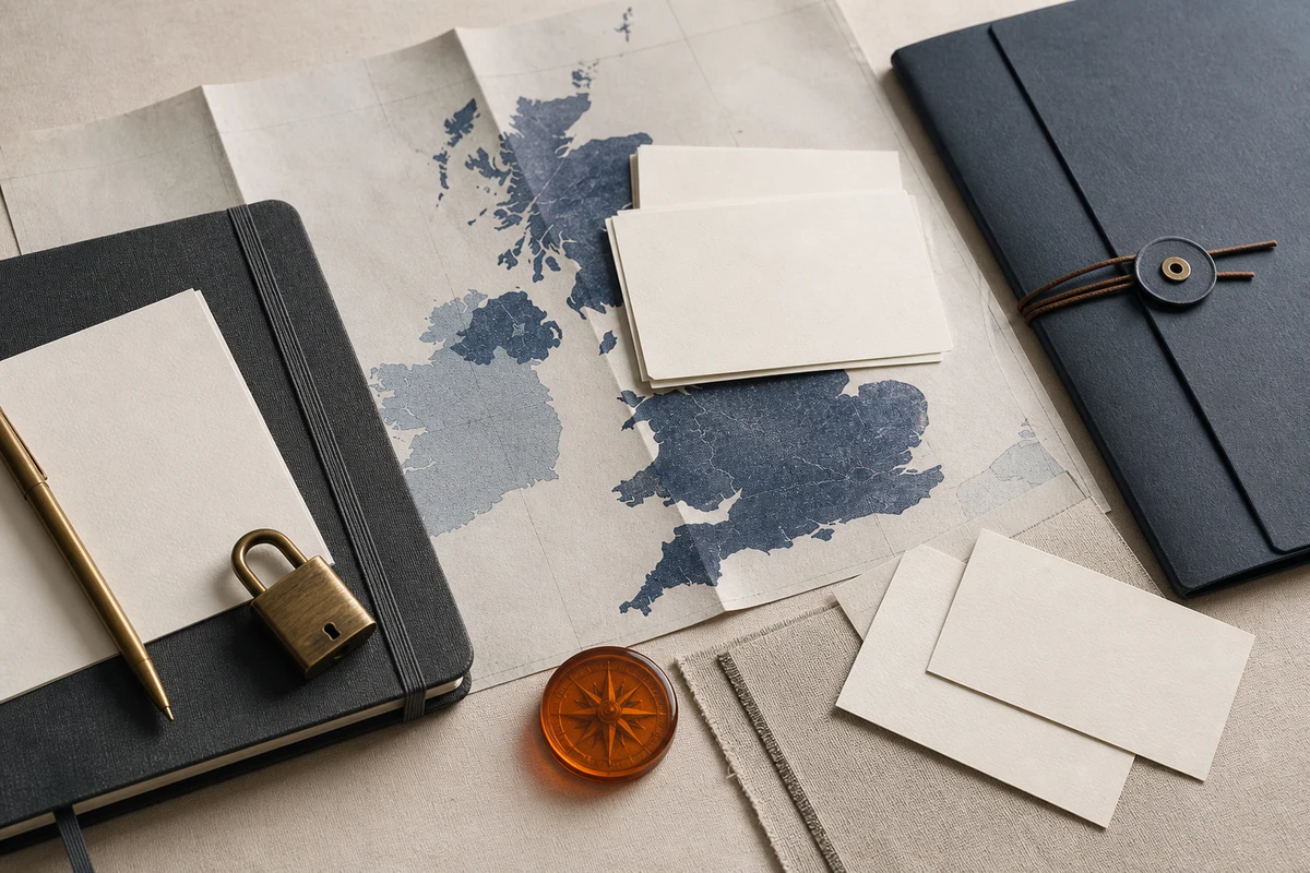 Editorial still life showing a UK privacy incident response with a UK map, incident notebook, lock, and priority marker; evidence view for this page