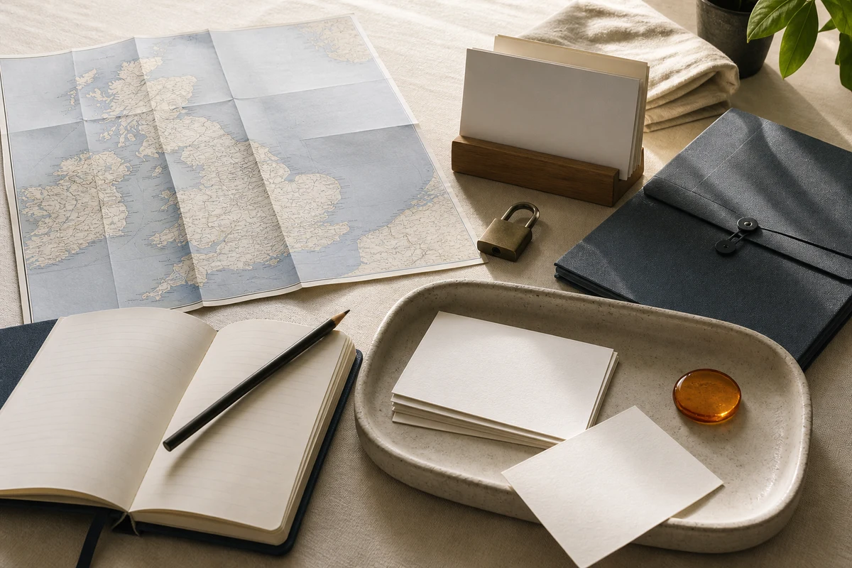 Editorial still life showing a UK privacy incident response with a UK map, incident notebook, lock, and priority marker; review view for this page