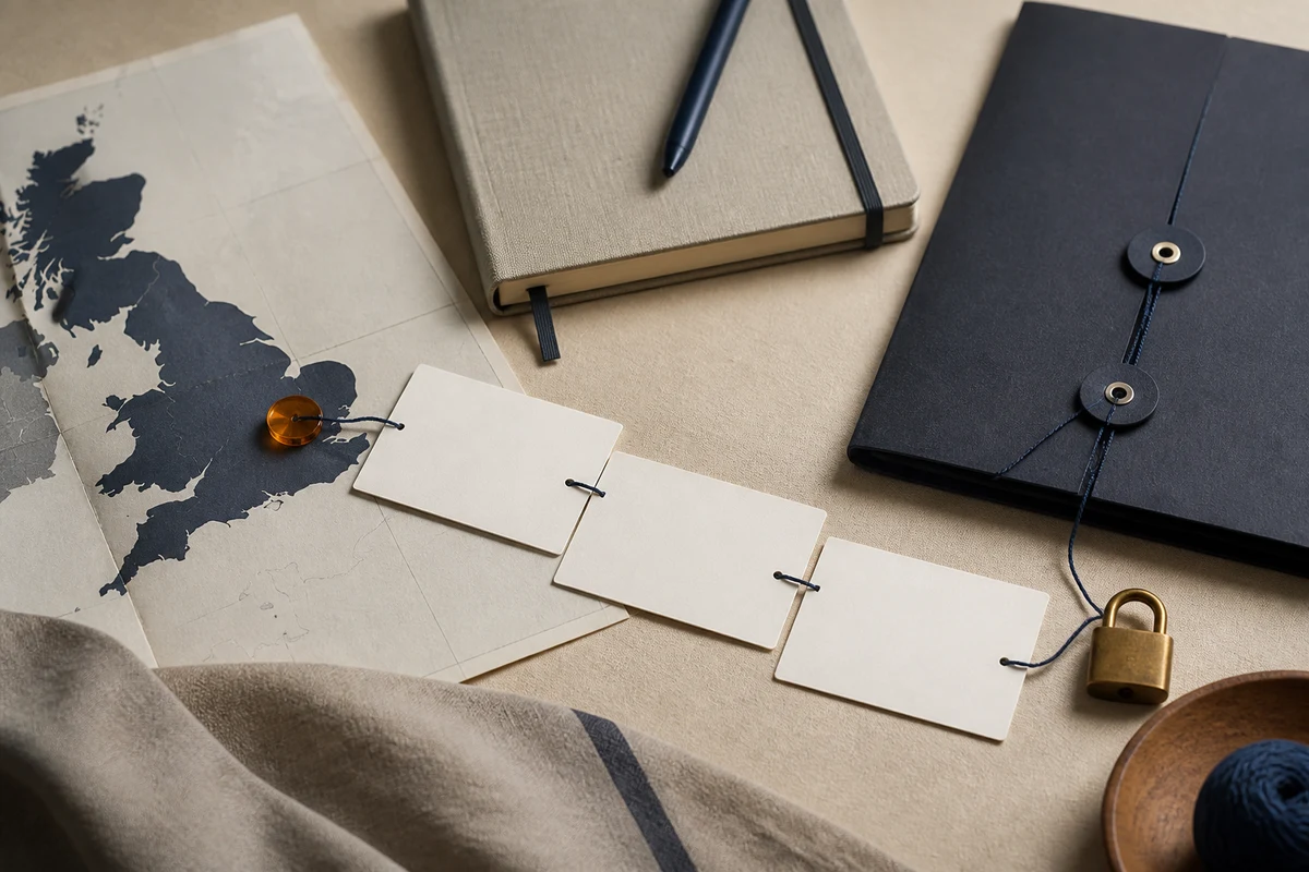 Editorial still life showing a UK privacy incident response with a UK map, incident notebook, lock, and priority marker; workflow view for this page