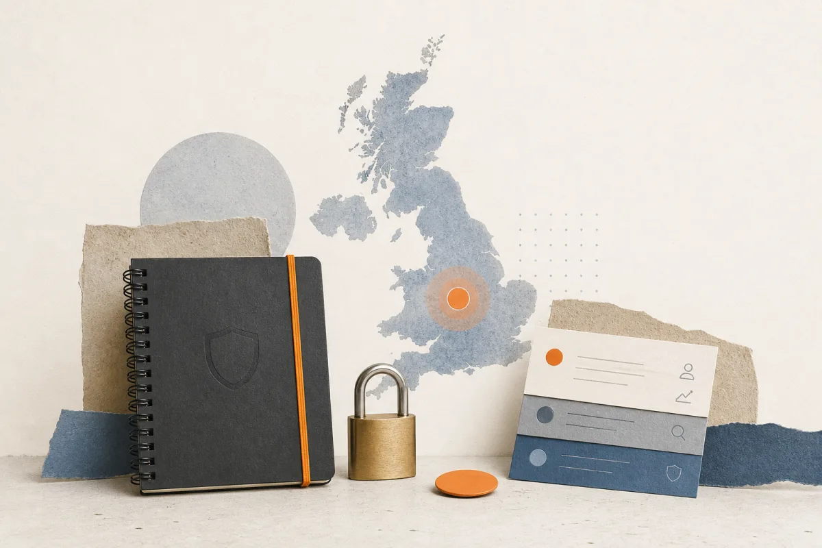 Editorial still life showing a UK privacy incident response with a UK map, incident notebook, lock, and priority marker