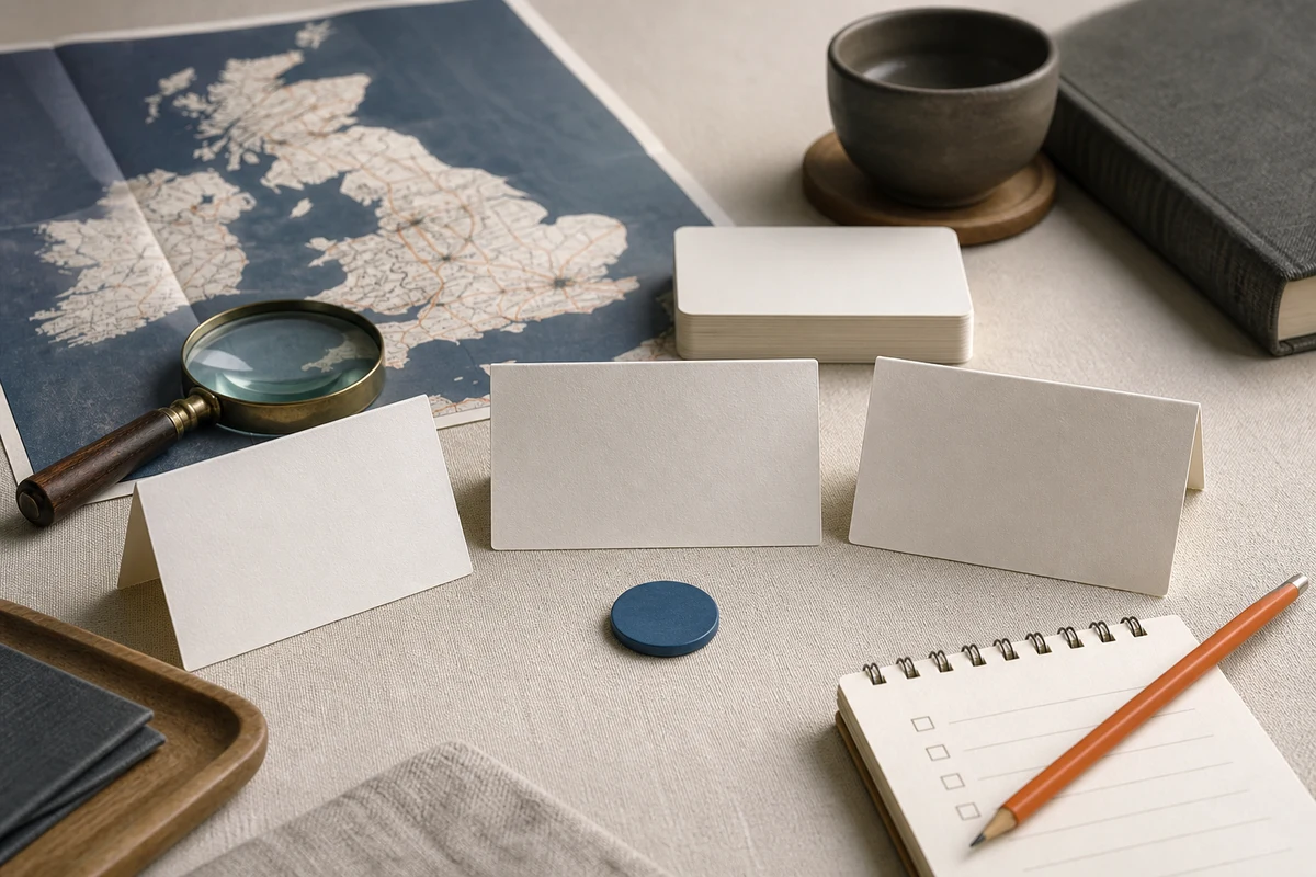 Editorial still life showing a UK GDPR readiness review with an abstract UK map, checklist cards, and magnifying glass; decision view for this page