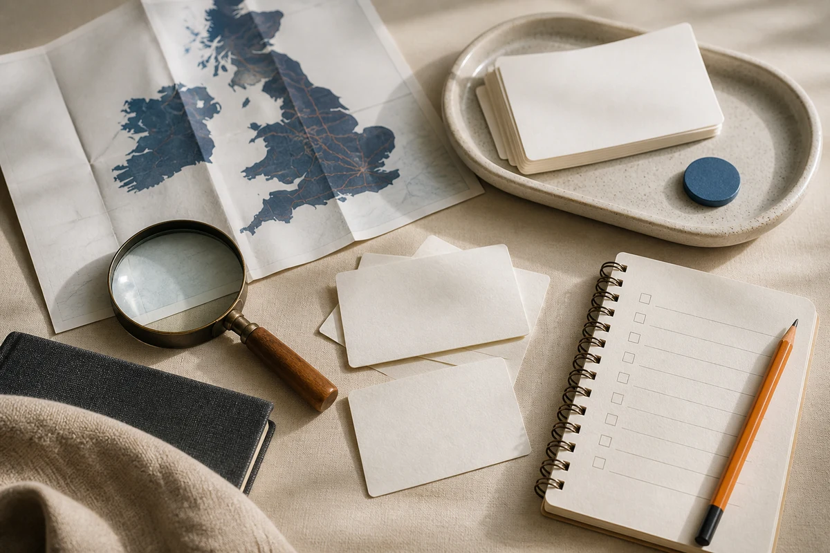 Editorial still life showing a UK GDPR readiness review with an abstract UK map, checklist cards, and magnifying glass; review view for this page