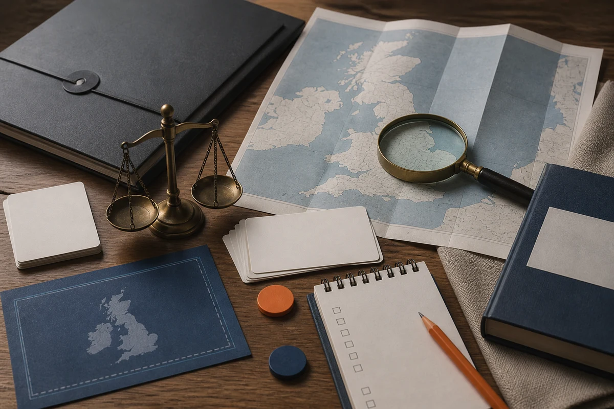 Editorial still life showing a UK GDPR readiness review with an abstract UK map, checklist cards, and magnifying glass; safeguard view for this page