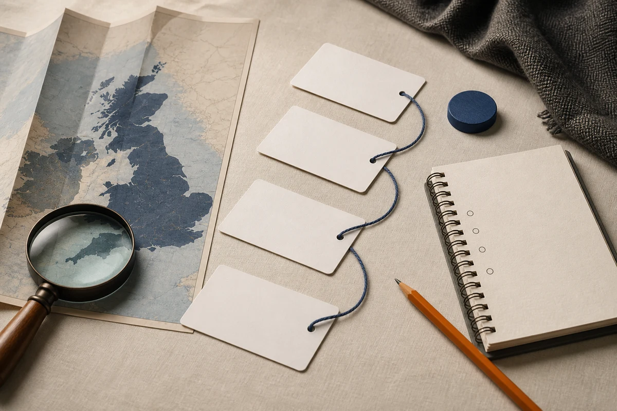 Editorial still life showing a UK GDPR readiness review with an abstract UK map, checklist cards, and magnifying glass; workflow view for this page
