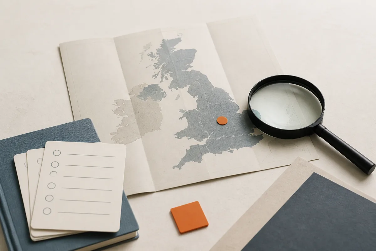 Editorial still life showing a UK GDPR readiness review with an abstract UK map, checklist cards, and magnifying glass