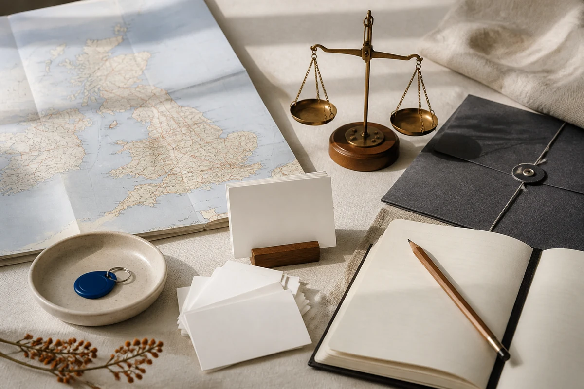 Editorial still life showing independent UK privacy oversight with a meeting table, abstract UK map, and balanced paper scales; review view for this page