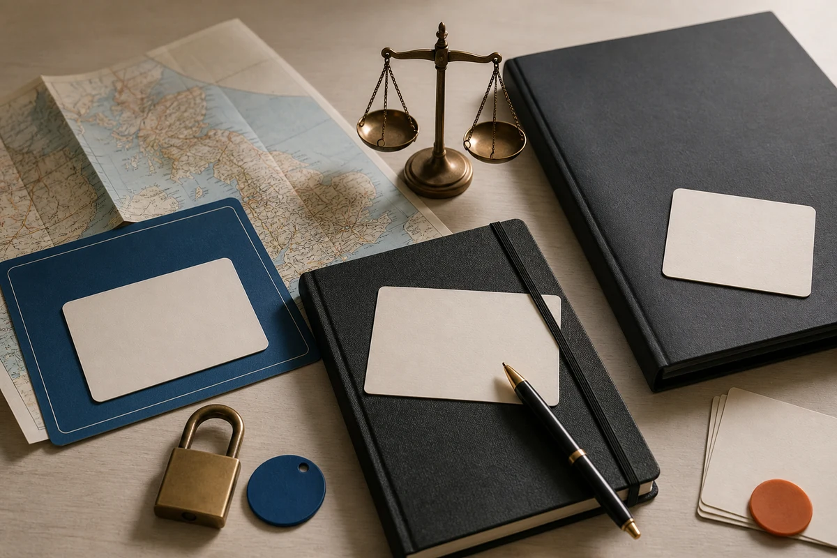 Editorial still life showing independent UK privacy oversight with a meeting table, abstract UK map, and balanced paper scales; safeguard view for this page