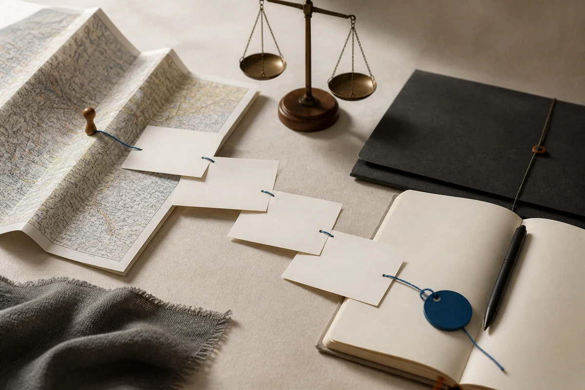 Editorial still life showing independent UK privacy oversight with a meeting table, abstract UK map, and balanced paper scales; workflow view for this page