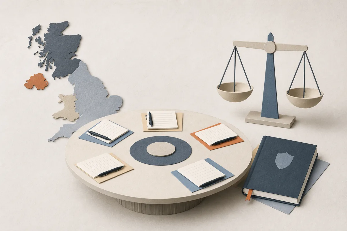 Editorial still life showing independent UK privacy oversight with a meeting table, abstract UK map, and balanced paper scales
