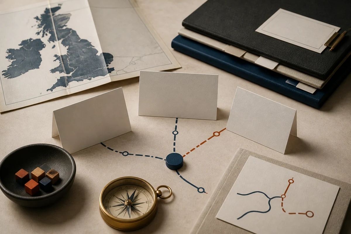 Editorial still life showing a UK GDPR compliance programme with map cutout, governance folders, and responsibility cards; decision view for this page