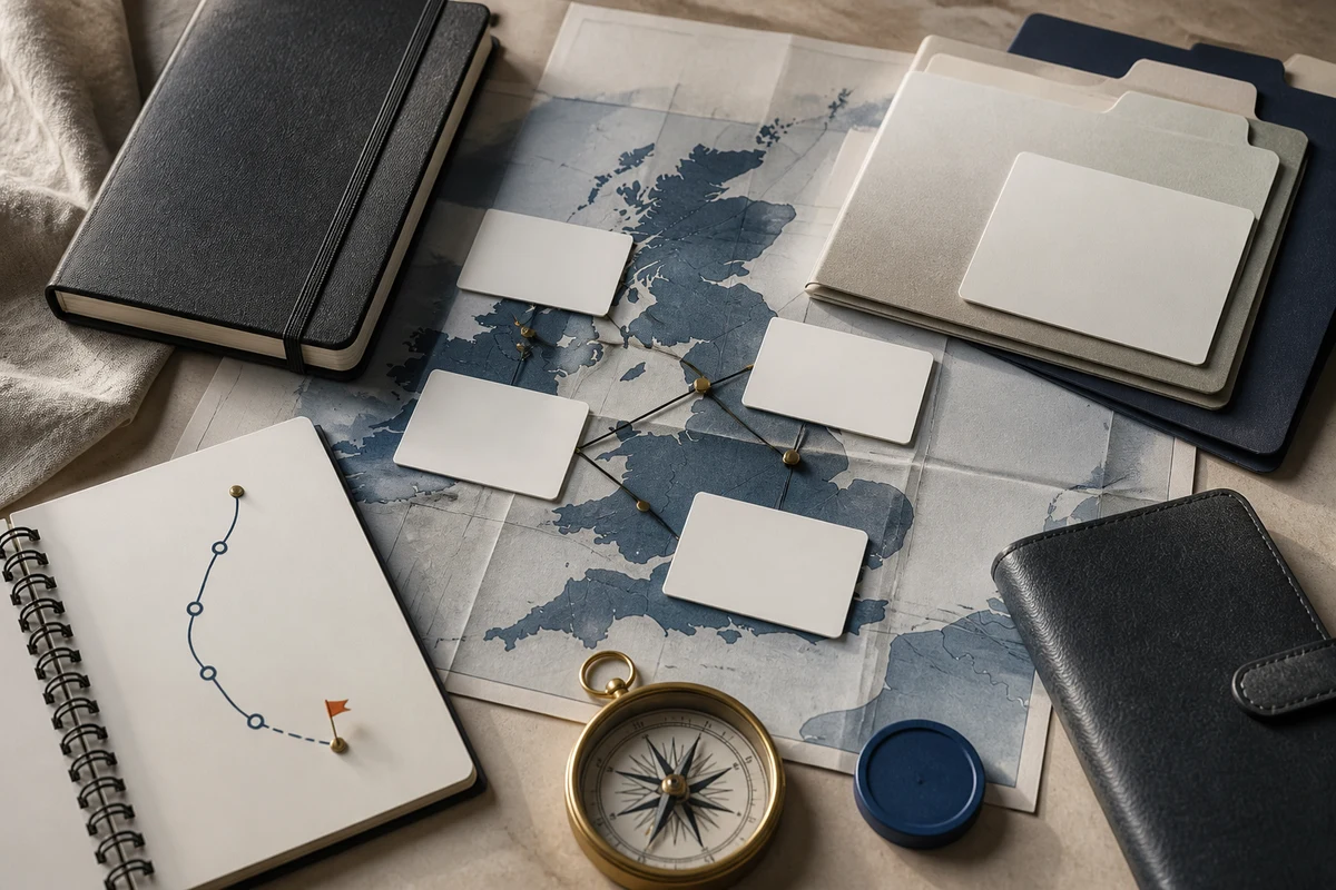 Editorial still life showing a UK GDPR compliance programme with map cutout, governance folders, and responsibility cards; evidence view for this page