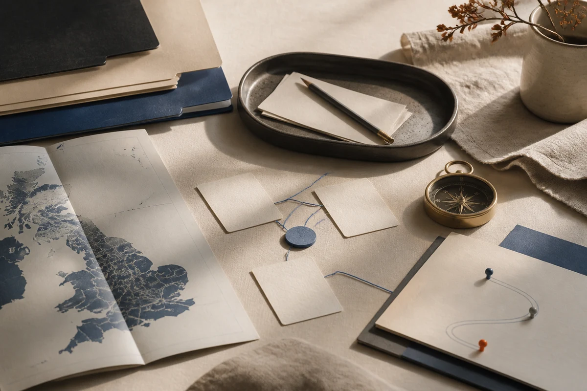 Editorial still life showing a UK GDPR compliance programme with map cutout, governance folders, and responsibility cards; review view for this page