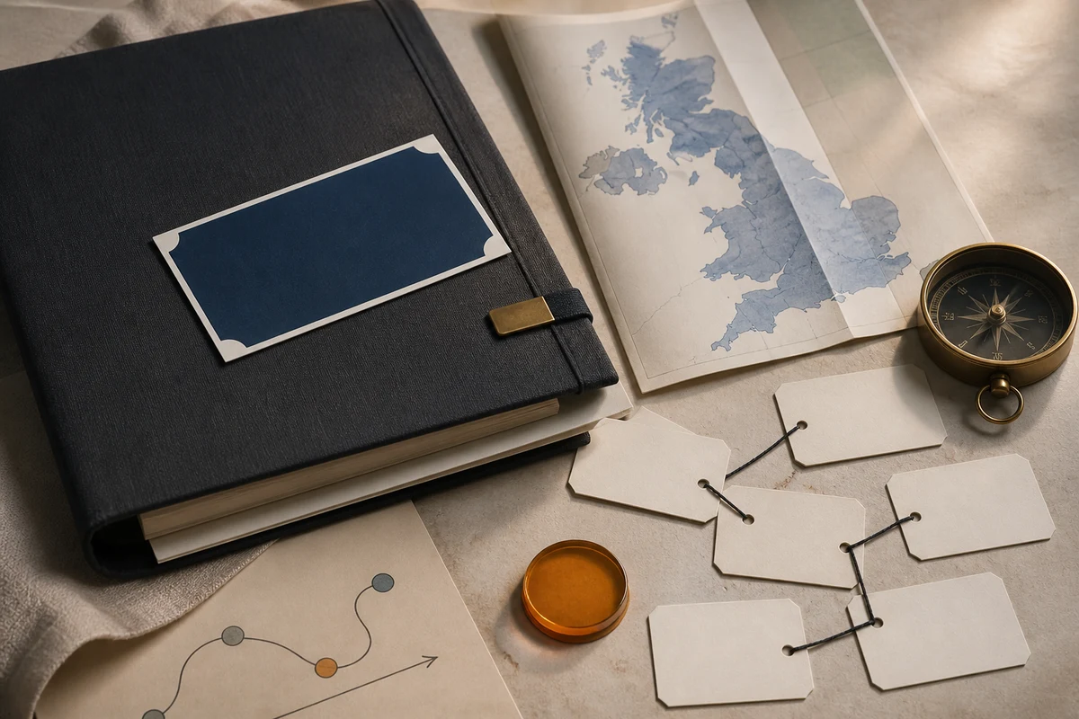 Editorial still life showing a UK GDPR compliance programme with map cutout, governance folders, and responsibility cards; safeguard view for this page