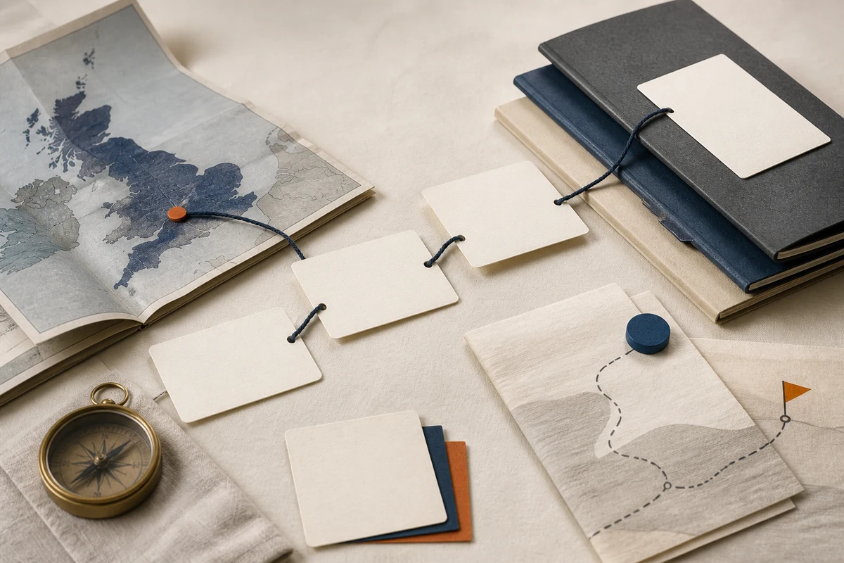 Editorial still life showing a UK GDPR compliance programme with map cutout, governance folders, and responsibility cards; workflow view for this page