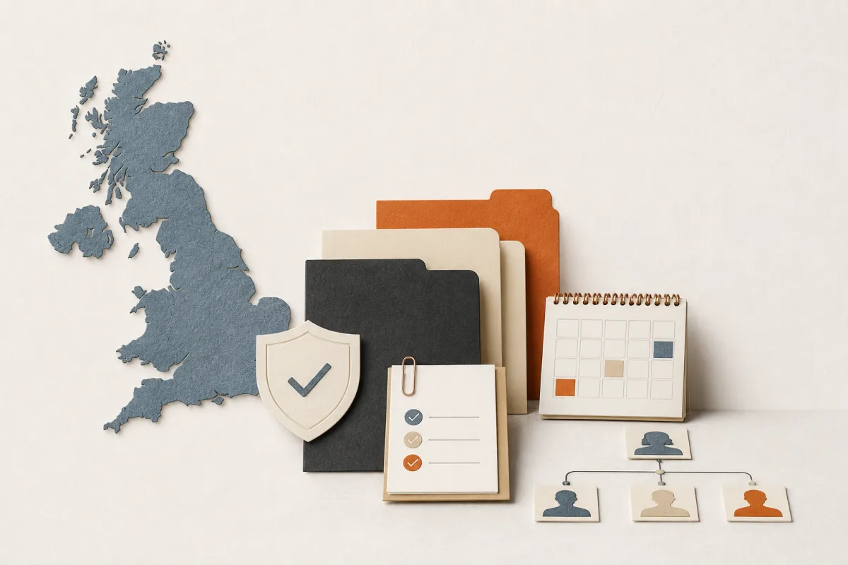 Editorial still life showing a UK GDPR compliance programme with map cutout, governance folders, and responsibility cards