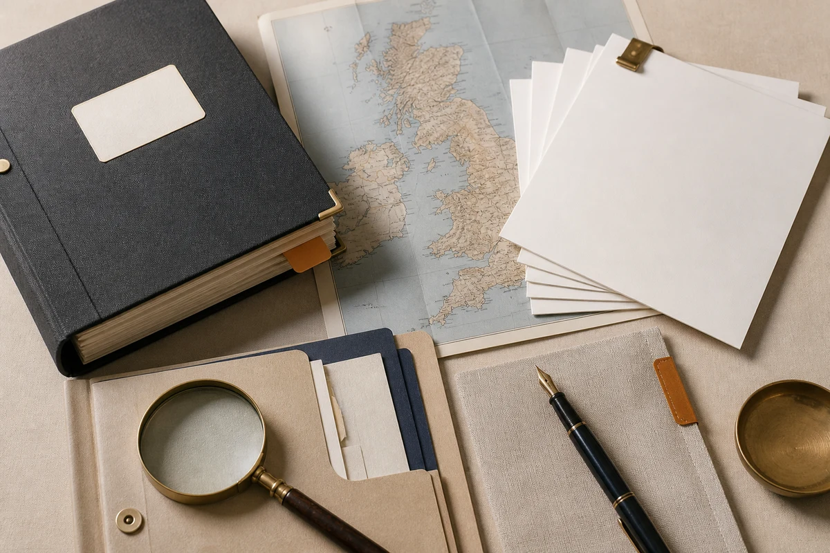 Editorial still life showing UK privacy documentation with a policy binder, blank notice sheets, and revision tab; evidence view for this page