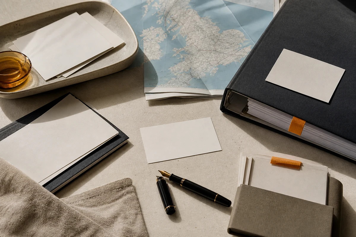 Editorial still life showing UK privacy documentation with a policy binder, blank notice sheets, and revision tab; review view for this page
