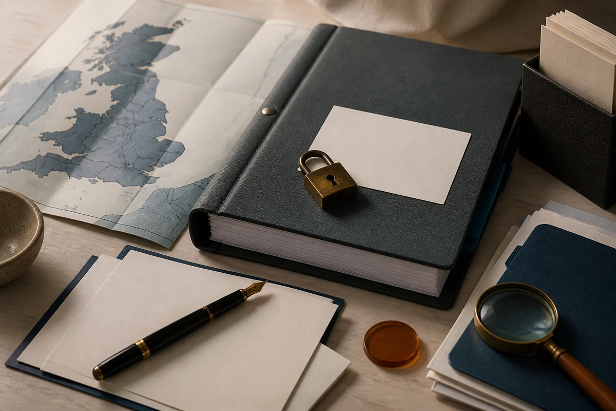 Editorial still life showing UK privacy documentation with a policy binder, blank notice sheets, and revision tab; safeguard view for this page